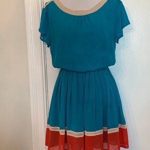 short sleeve blue dress pleated trimmed